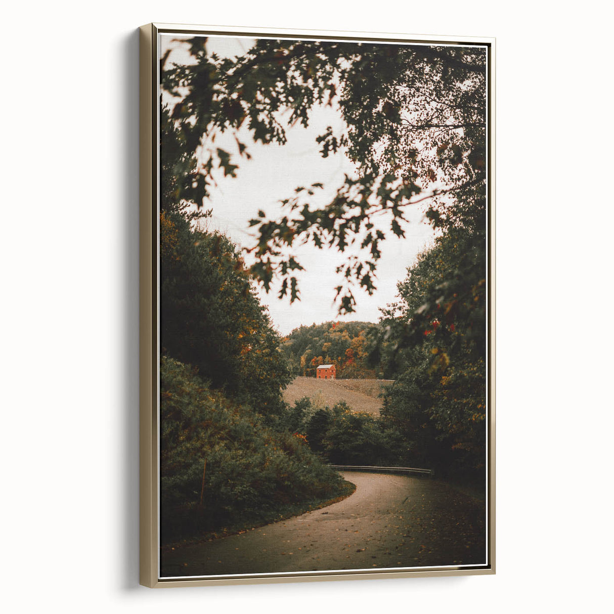 Rustic Landscape Art - Serene Country Road with Distant Red Barn