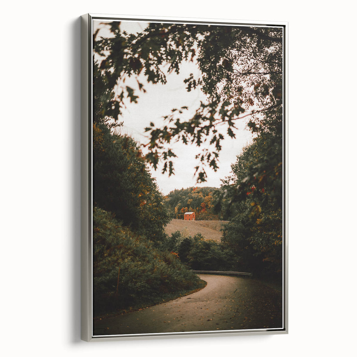 Rustic Landscape Art - Serene Country Road with Distant Red Barn