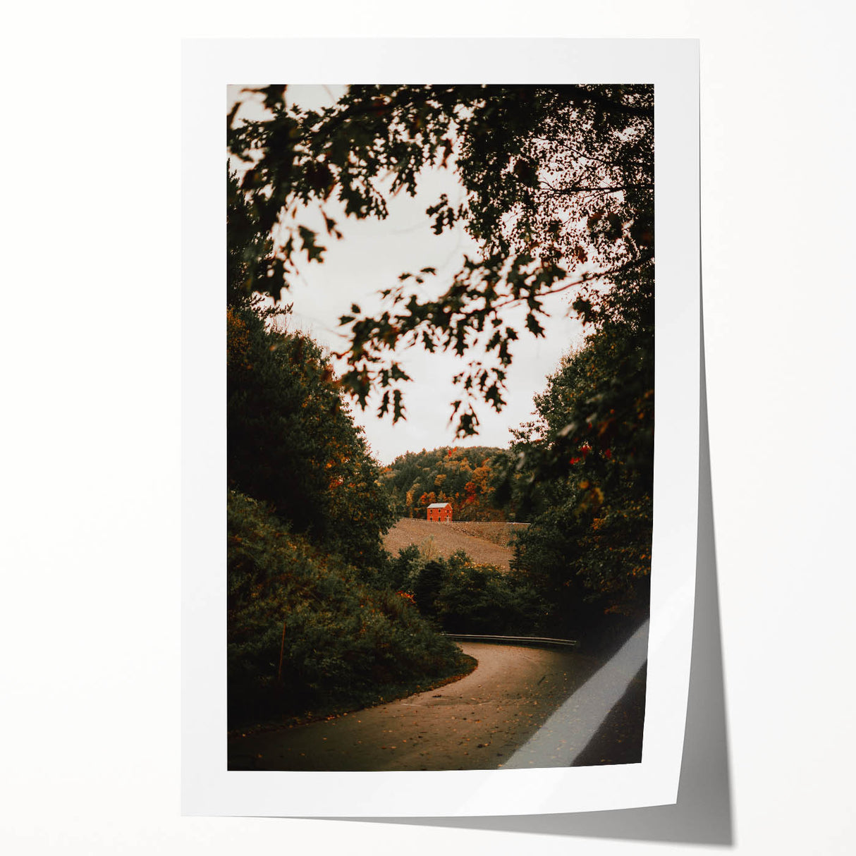 Rustic Landscape Art - Serene Country Road with Distant Red Barn