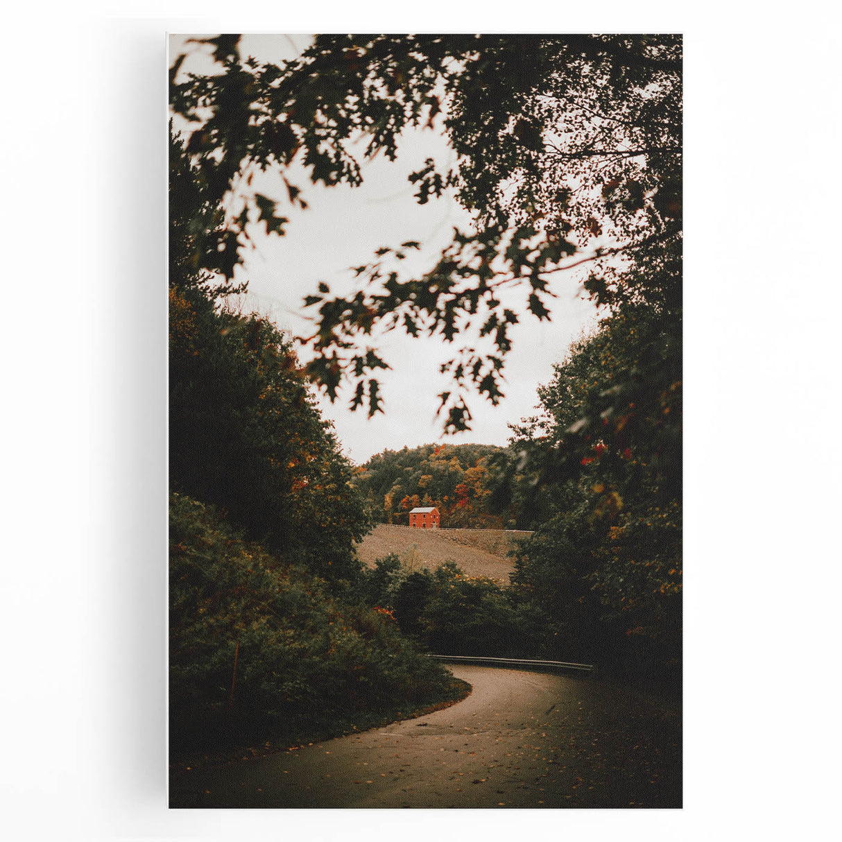 Rustic Landscape Art - Serene Country Road with Distant Red Barn