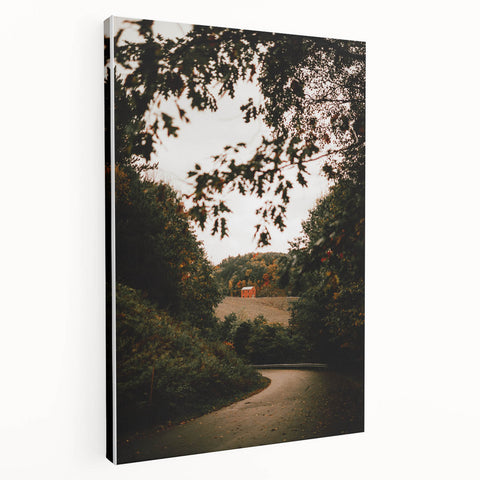 Rustic Landscape Art - Serene Country Road with Distant Red Barn