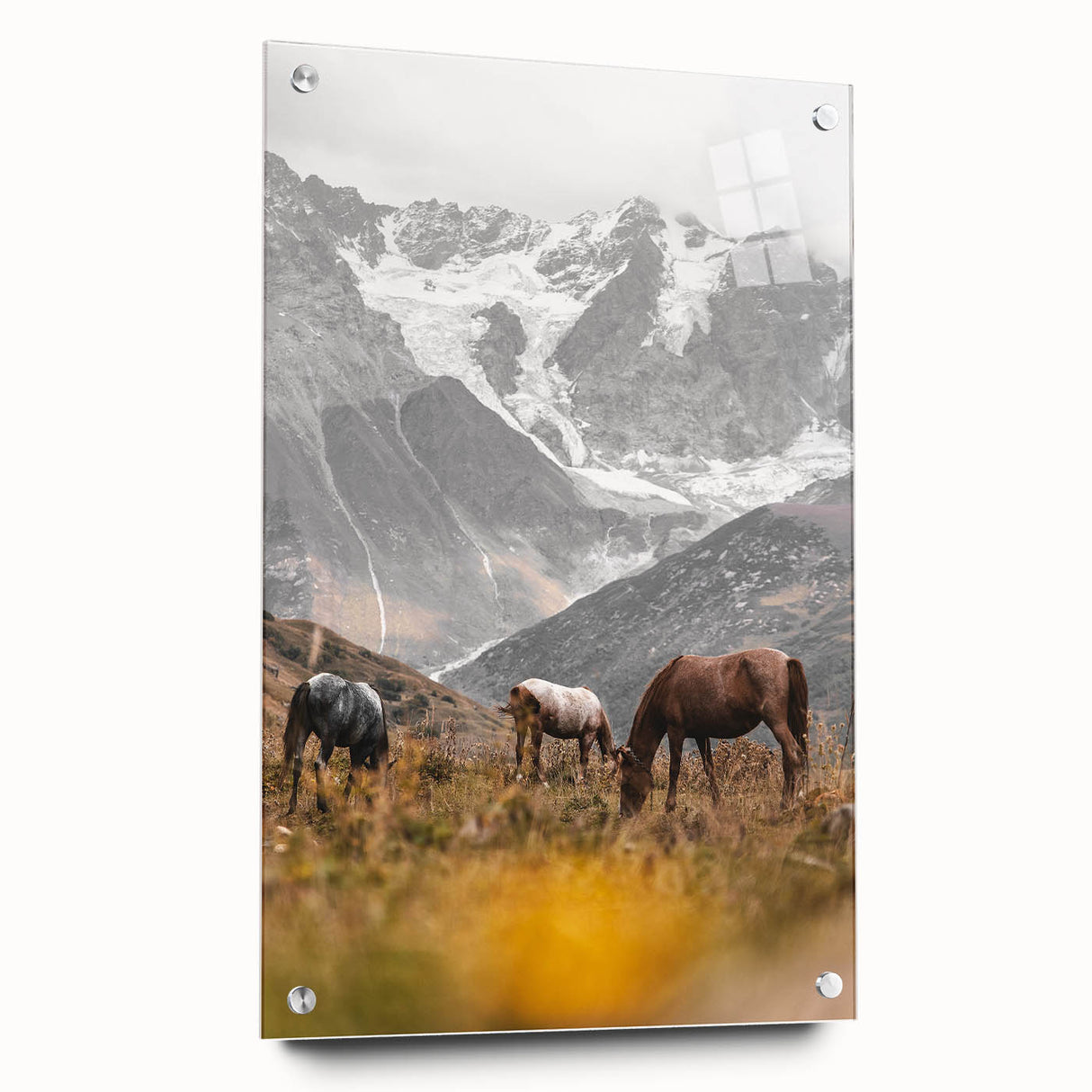Rustic Mountain Landscape with Grazing Horses – Farmhouse Wall Art