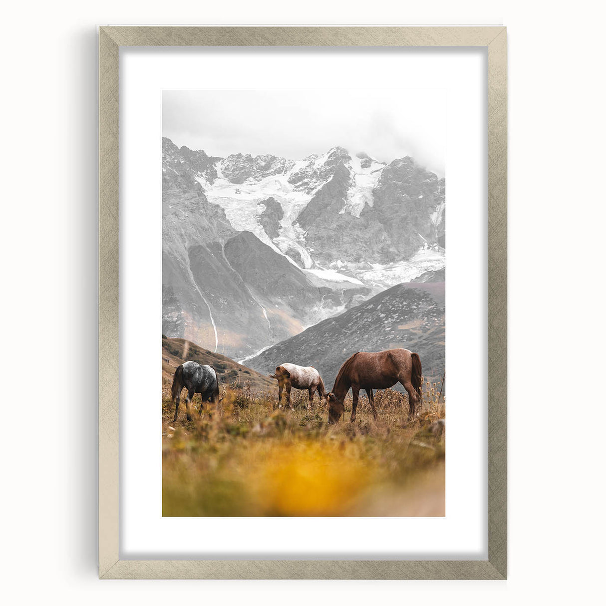 Rustic Mountain Landscape with Grazing Horses – Farmhouse Wall Art