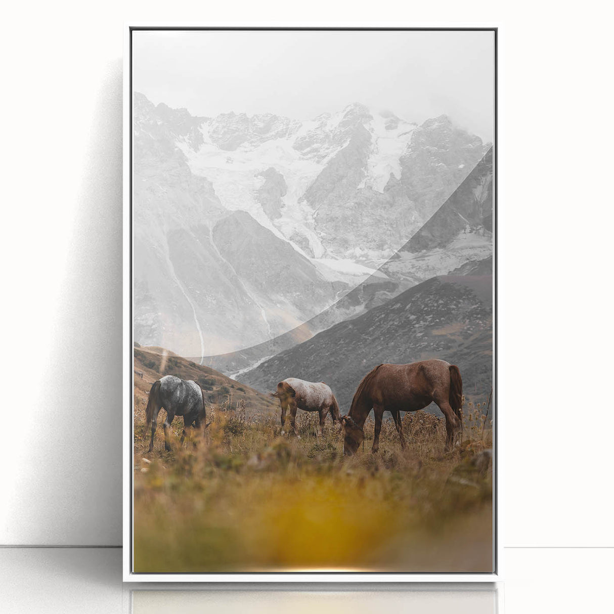 Rustic Mountain Landscape with Grazing Horses – Farmhouse Wall Art