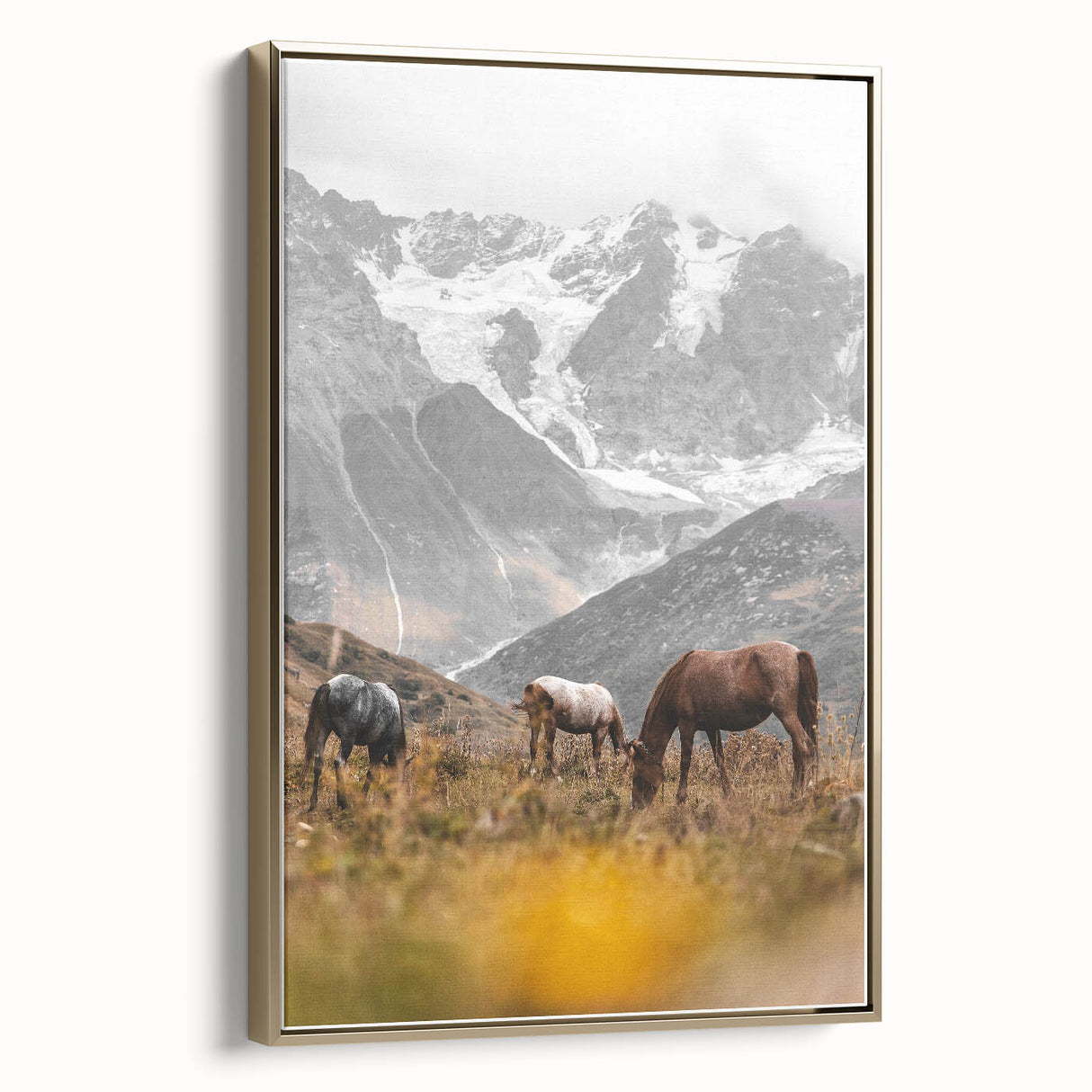 Rustic Mountain Landscape with Grazing Horses – Farmhouse Wall Art