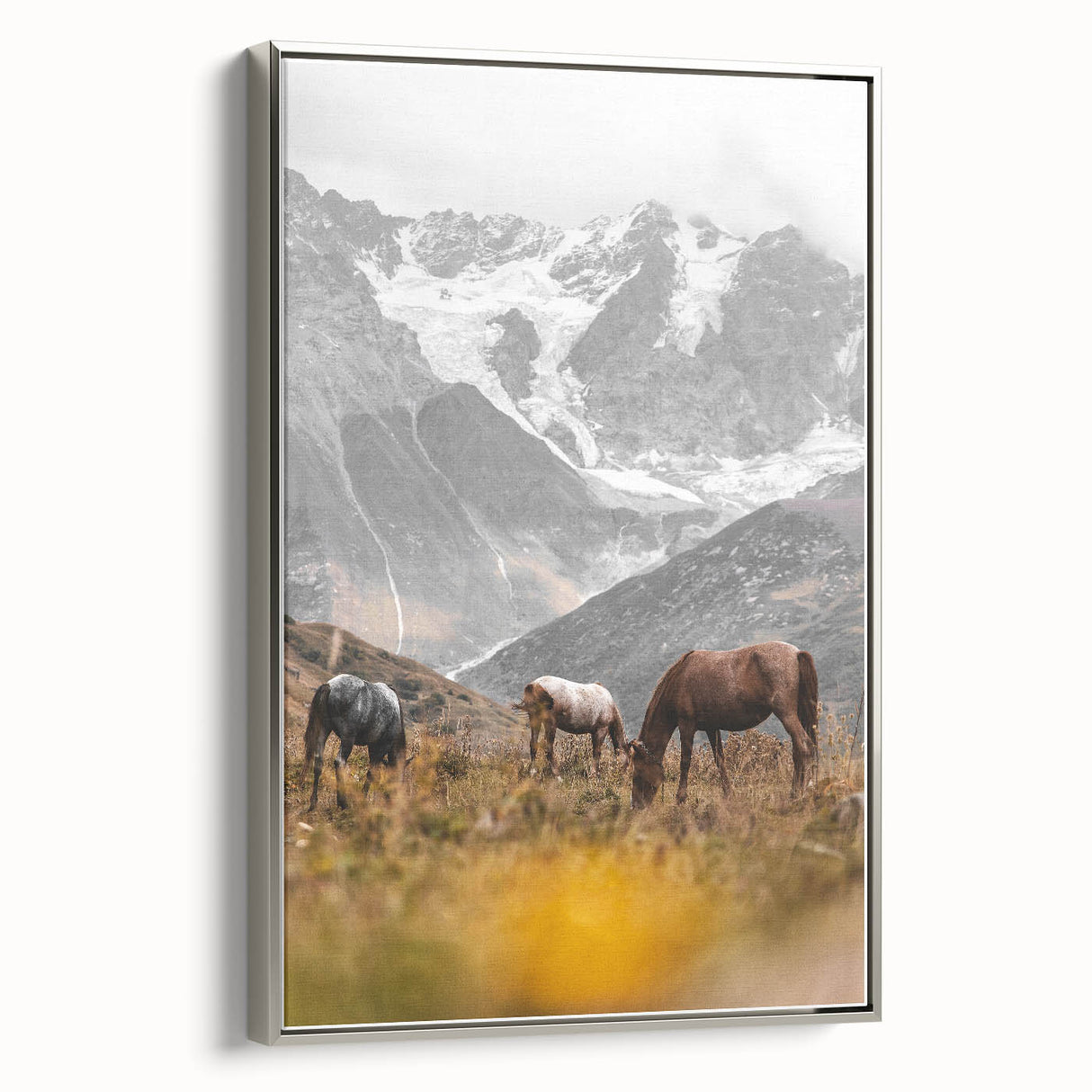 Rustic Mountain Landscape with Grazing Horses – Farmhouse Wall Art