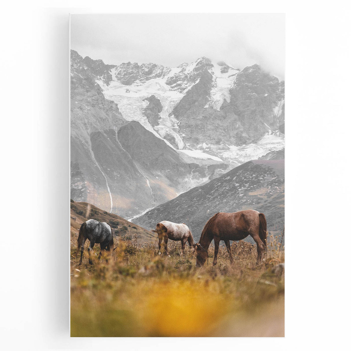 Rustic Mountain Landscape with Grazing Horses – Farmhouse Wall Art