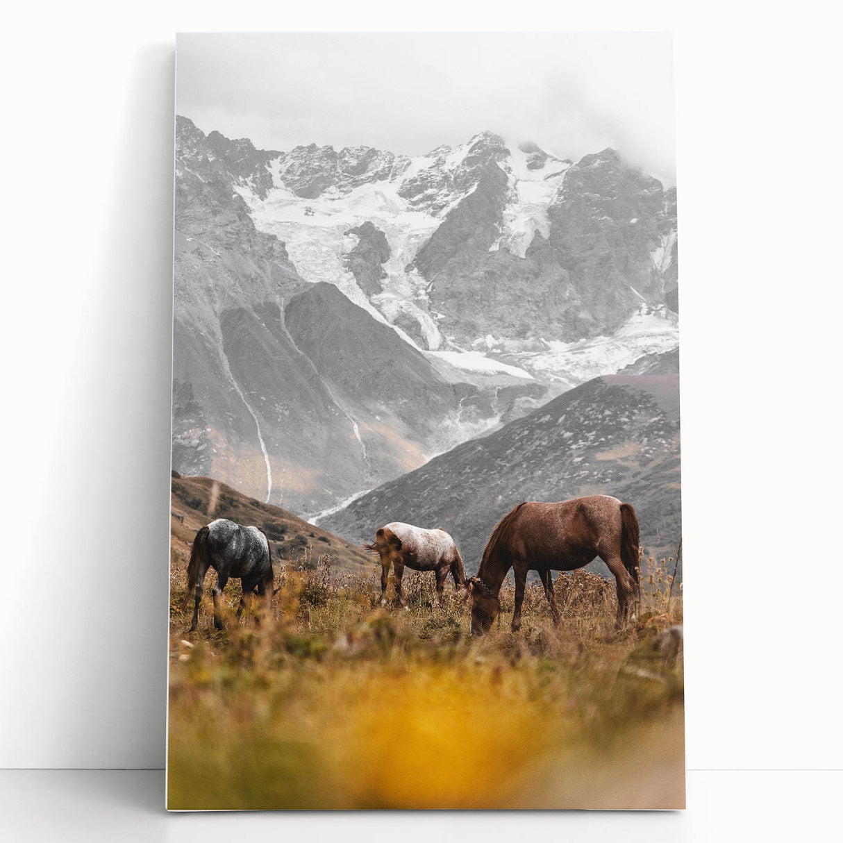 Rustic Mountain Landscape with Grazing Horses – Farmhouse Wall Art