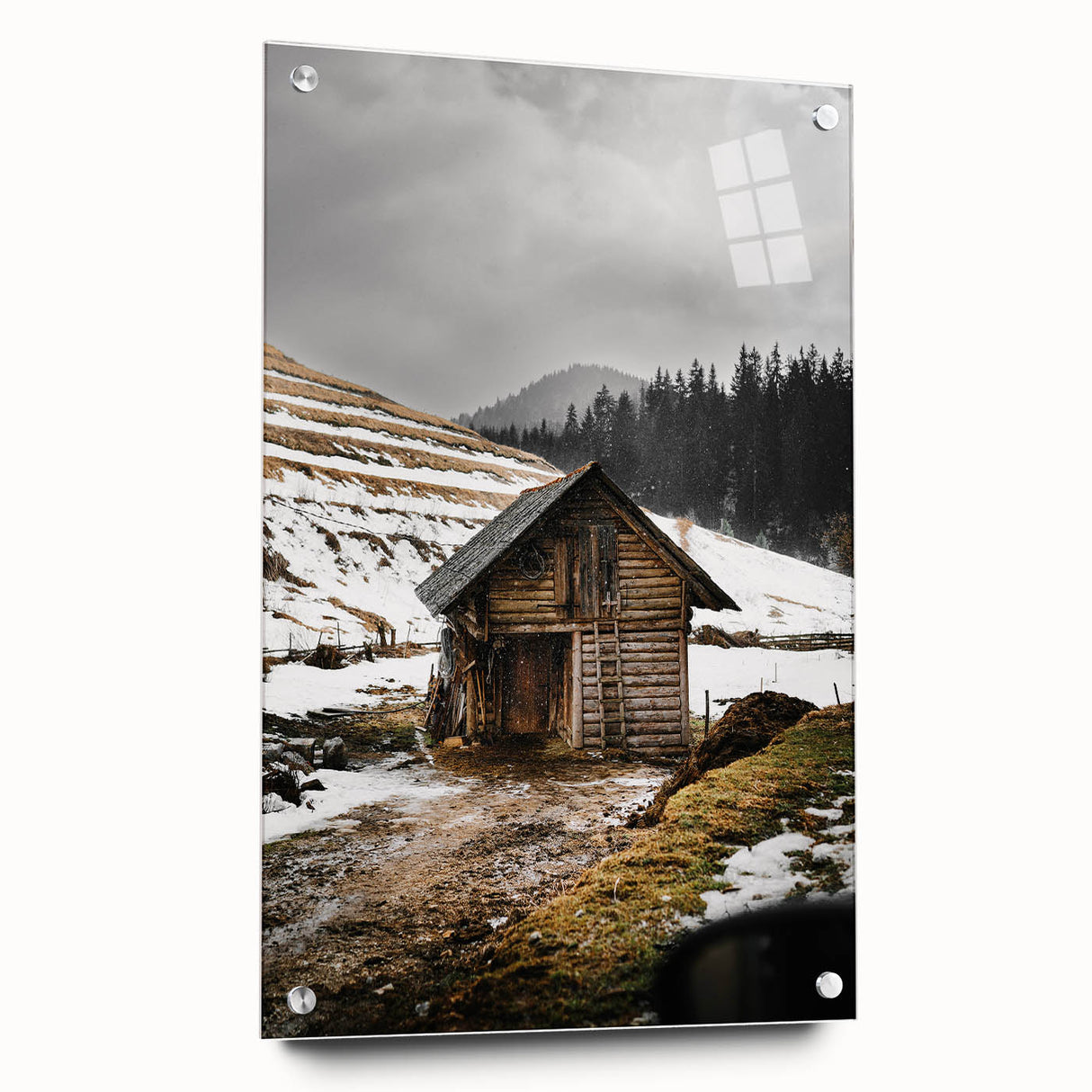 Rustic Log Barn in Winter Wall Art – Cozy Farmhouse Mountain Decor