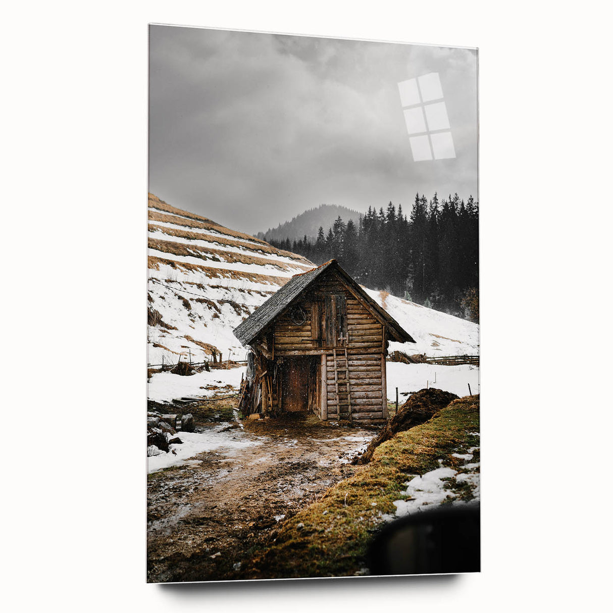 Rustic Log Barn in Winter Wall Art – Cozy Farmhouse Mountain Decor