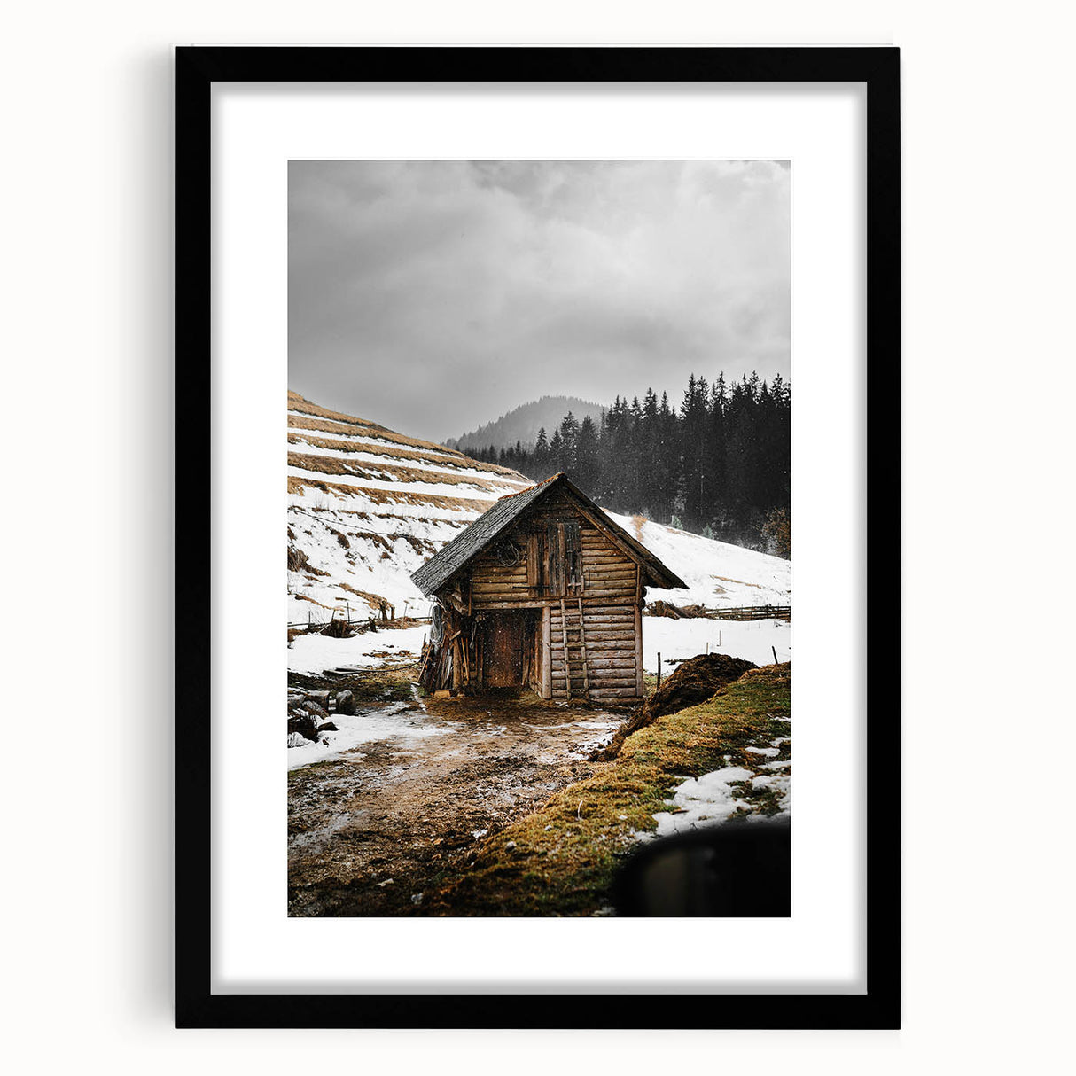 Rustic Log Barn in Winter Wall Art – Cozy Farmhouse Mountain Decor