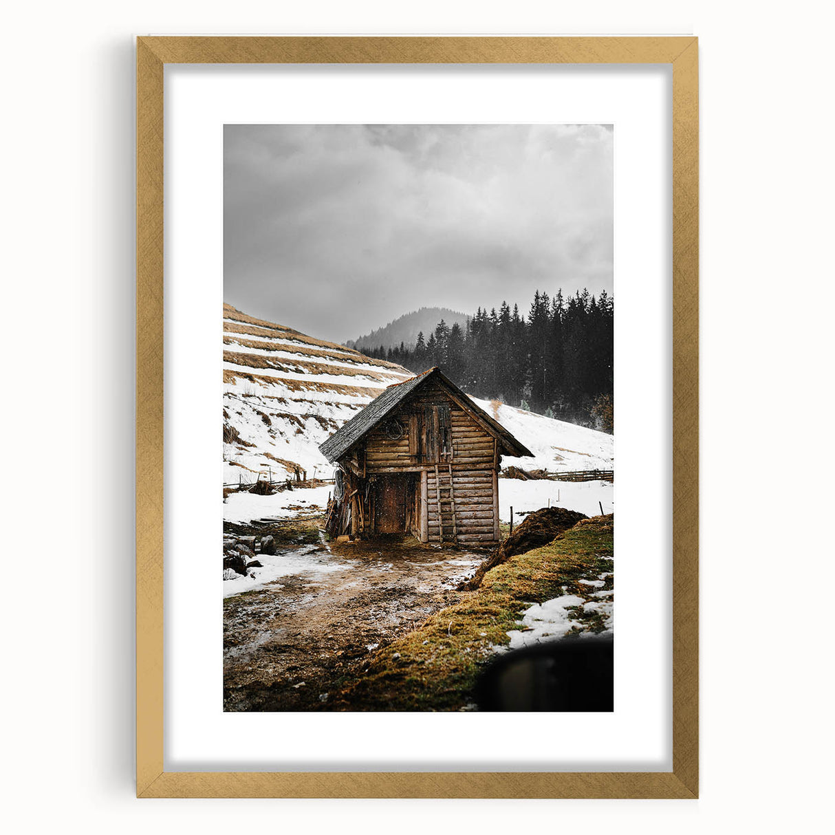 Rustic Log Barn in Winter Wall Art – Cozy Farmhouse Mountain Decor