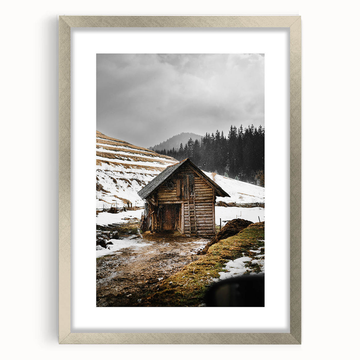 Rustic Log Barn in Winter Wall Art – Cozy Farmhouse Mountain Decor