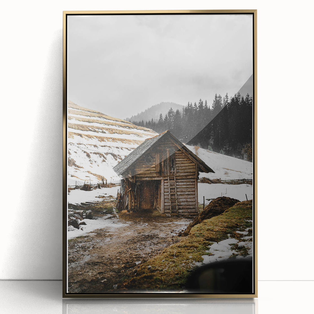Rustic Log Barn in Winter Wall Art – Cozy Farmhouse Mountain Decor