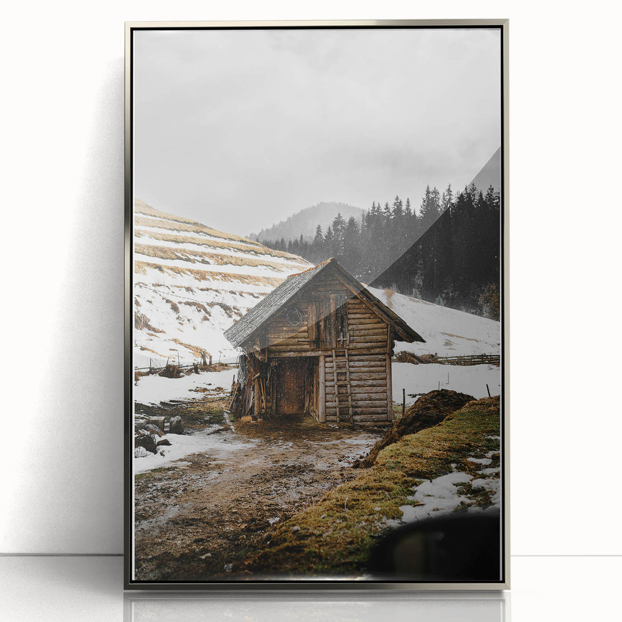 Rustic Log Barn in Winter Wall Art – Cozy Farmhouse Mountain Decor