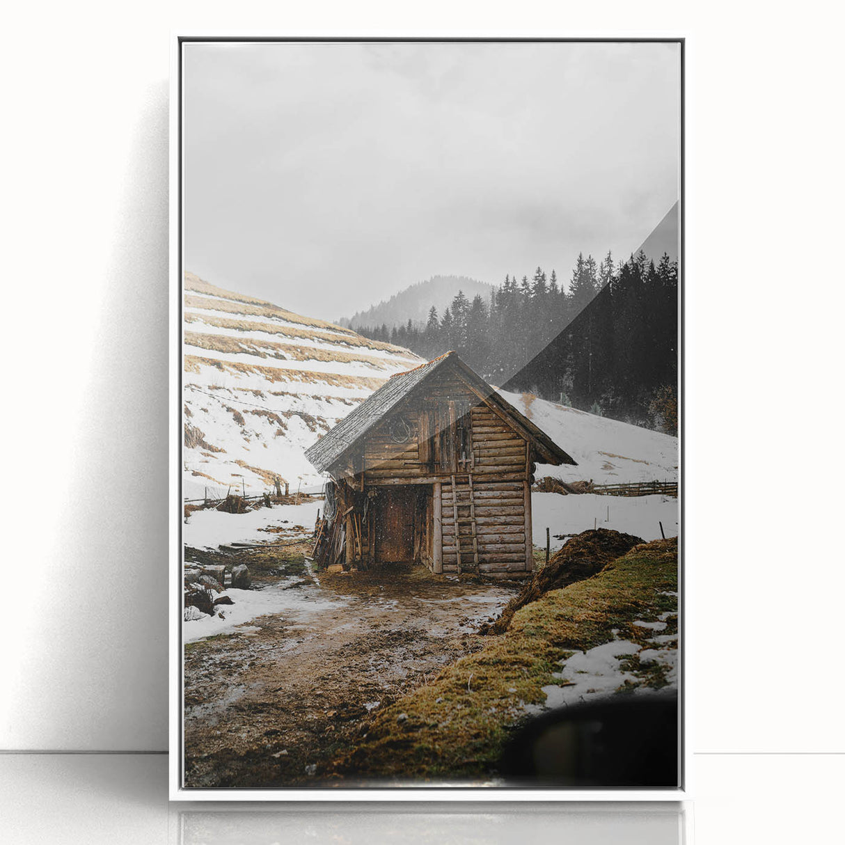 Rustic Log Barn in Winter Wall Art – Cozy Farmhouse Mountain Decor