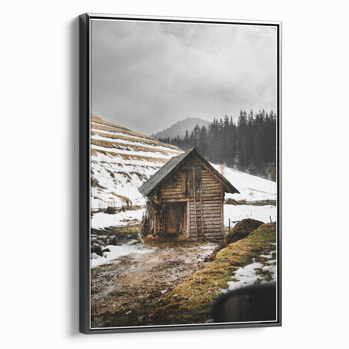 Rustic Log Barn in Winter Wall Art – Cozy Farmhouse Mountain Decor