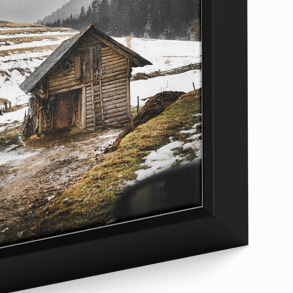 Rustic Log Barn in Winter Wall Art – Cozy Farmhouse Mountain Decor
