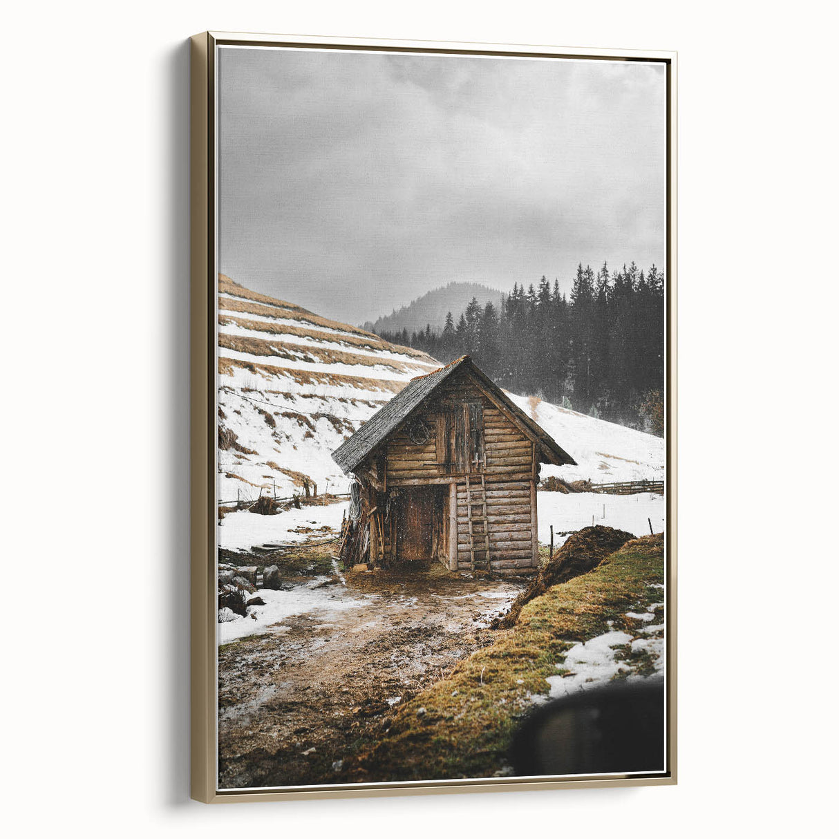 Rustic Log Barn in Winter Wall Art – Cozy Farmhouse Mountain Decor