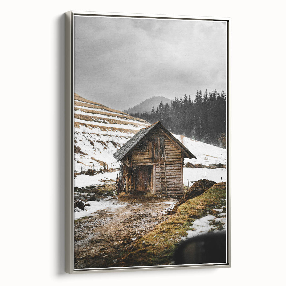 Rustic Log Barn in Winter Wall Art – Cozy Farmhouse Mountain Decor