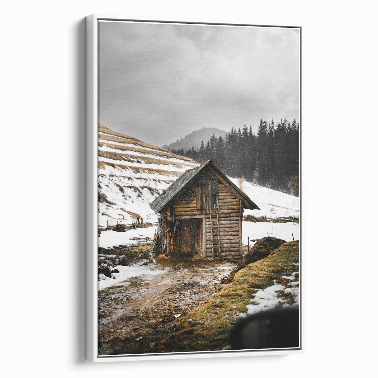 Rustic Log Barn in Winter Wall Art – Cozy Farmhouse Mountain Decor