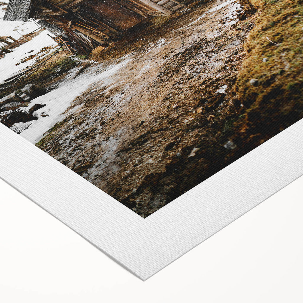 Rustic Log Barn in Winter Wall Art – Cozy Farmhouse Mountain Decor