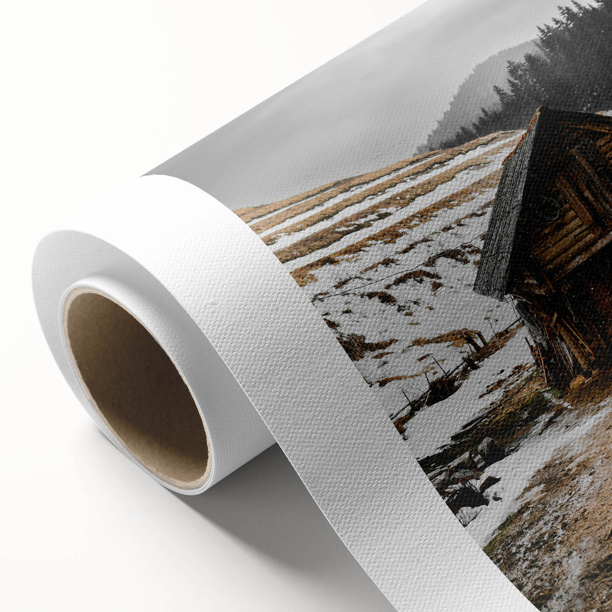 Rustic Log Barn in Winter Wall Art – Cozy Farmhouse Mountain Decor