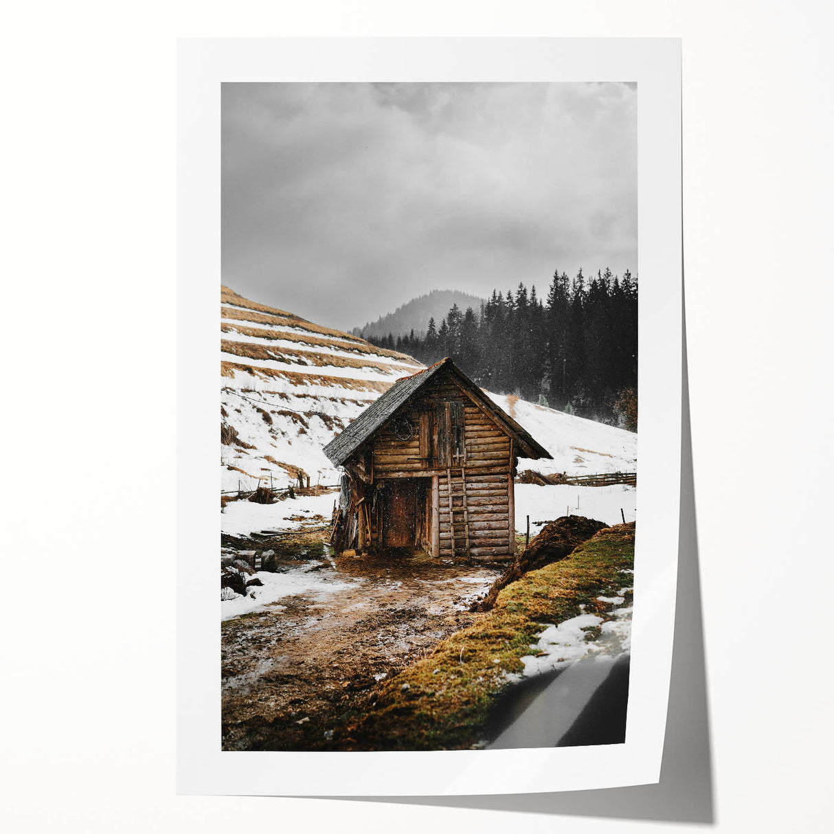 Rustic Log Barn in Winter Wall Art – Cozy Farmhouse Mountain Decor