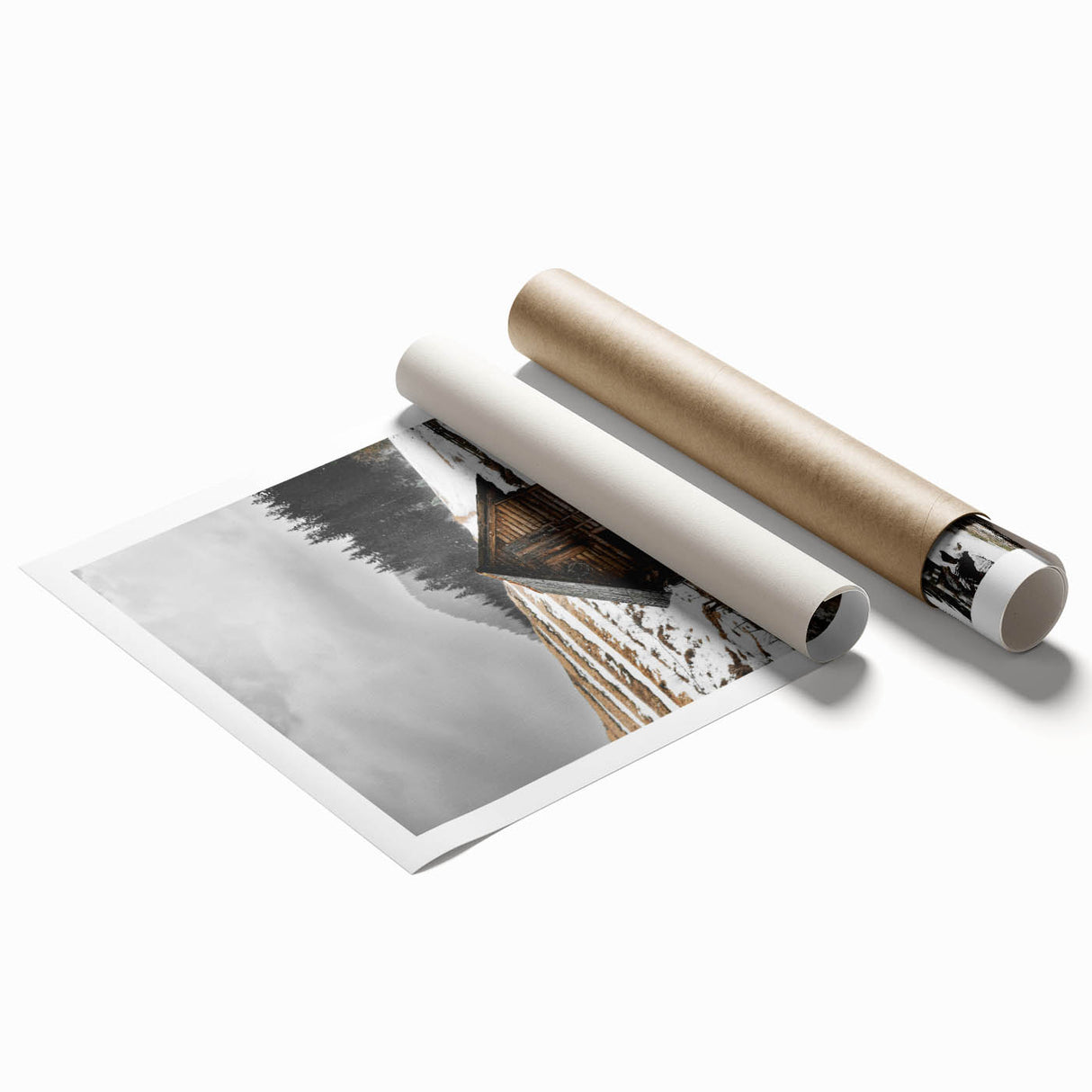 Rustic Log Barn in Winter Wall Art – Cozy Farmhouse Mountain Decor