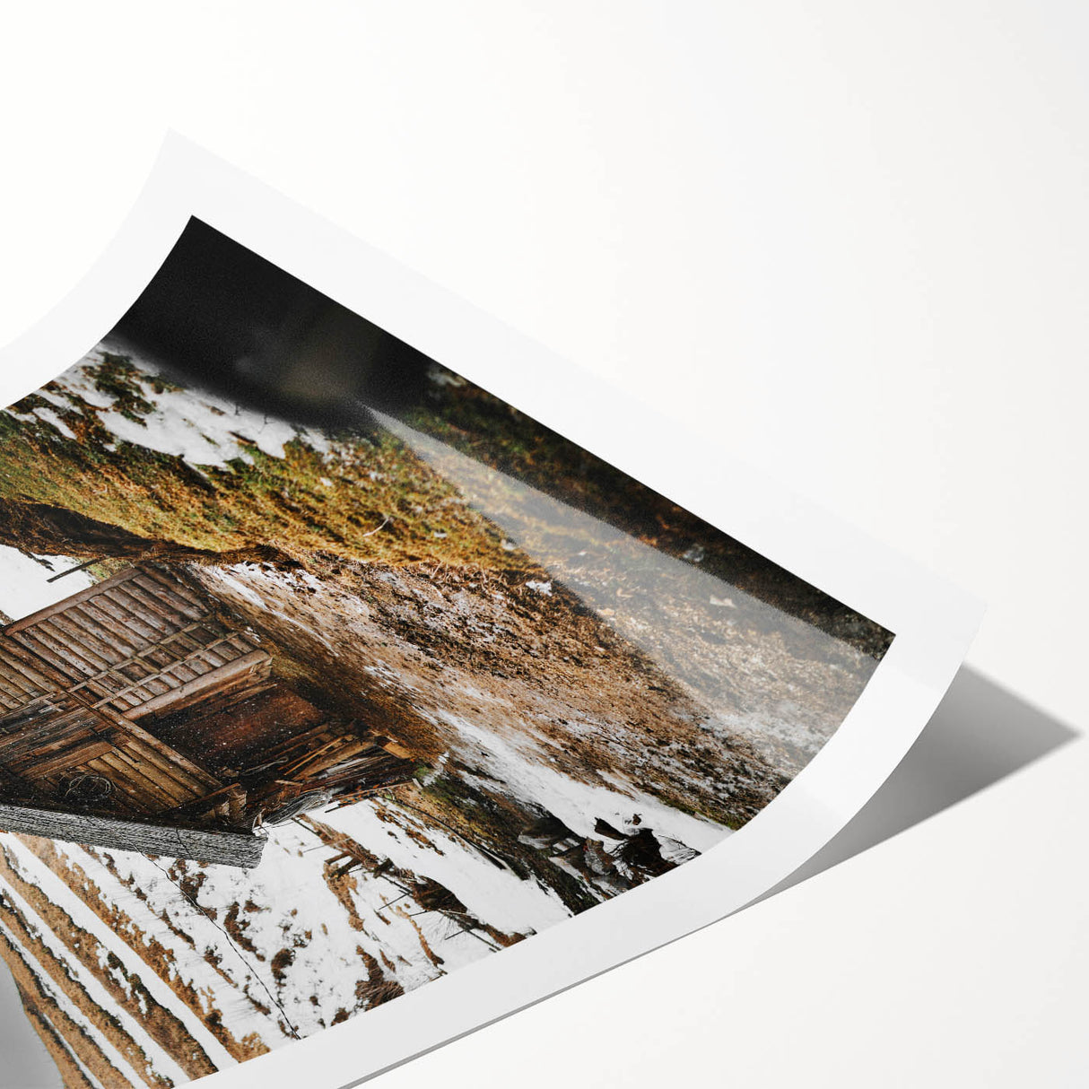 Rustic Log Barn in Winter Wall Art – Cozy Farmhouse Mountain Decor