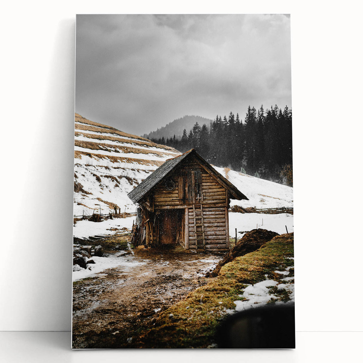 Rustic Log Barn in Winter Wall Art – Cozy Farmhouse Mountain Decor