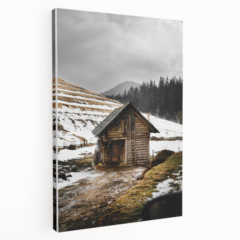 Rustic Log Barn in Winter Wall Art – Cozy Farmhouse Mountain Decor