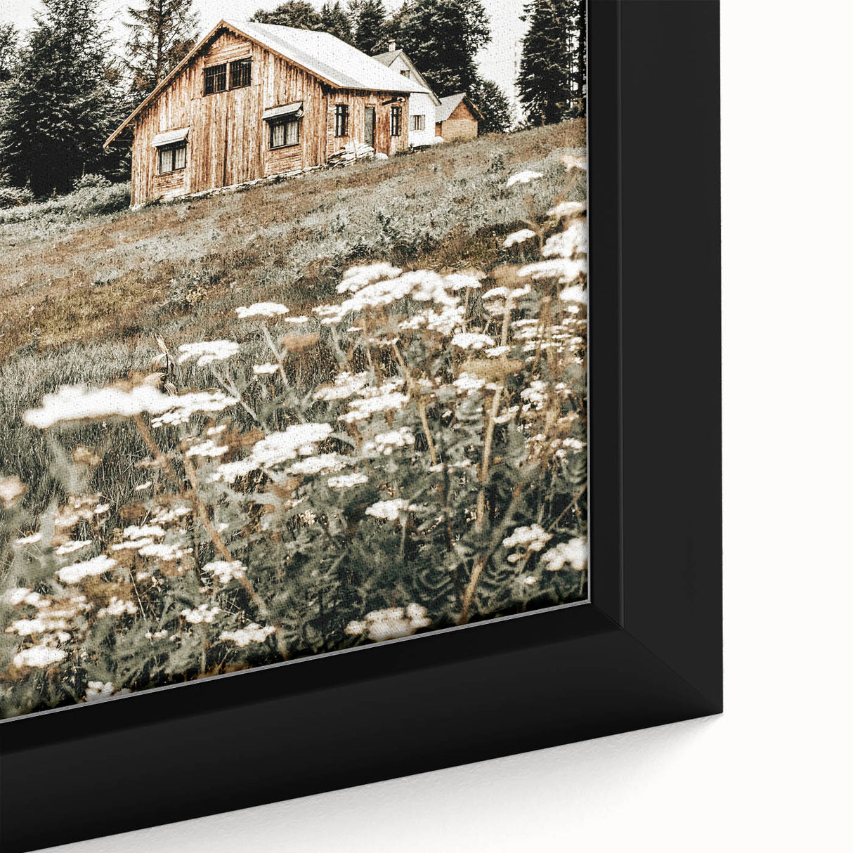 Rustic Barn with Wildflowers Wall Art – Farmhouse Nature-Inspired Decor