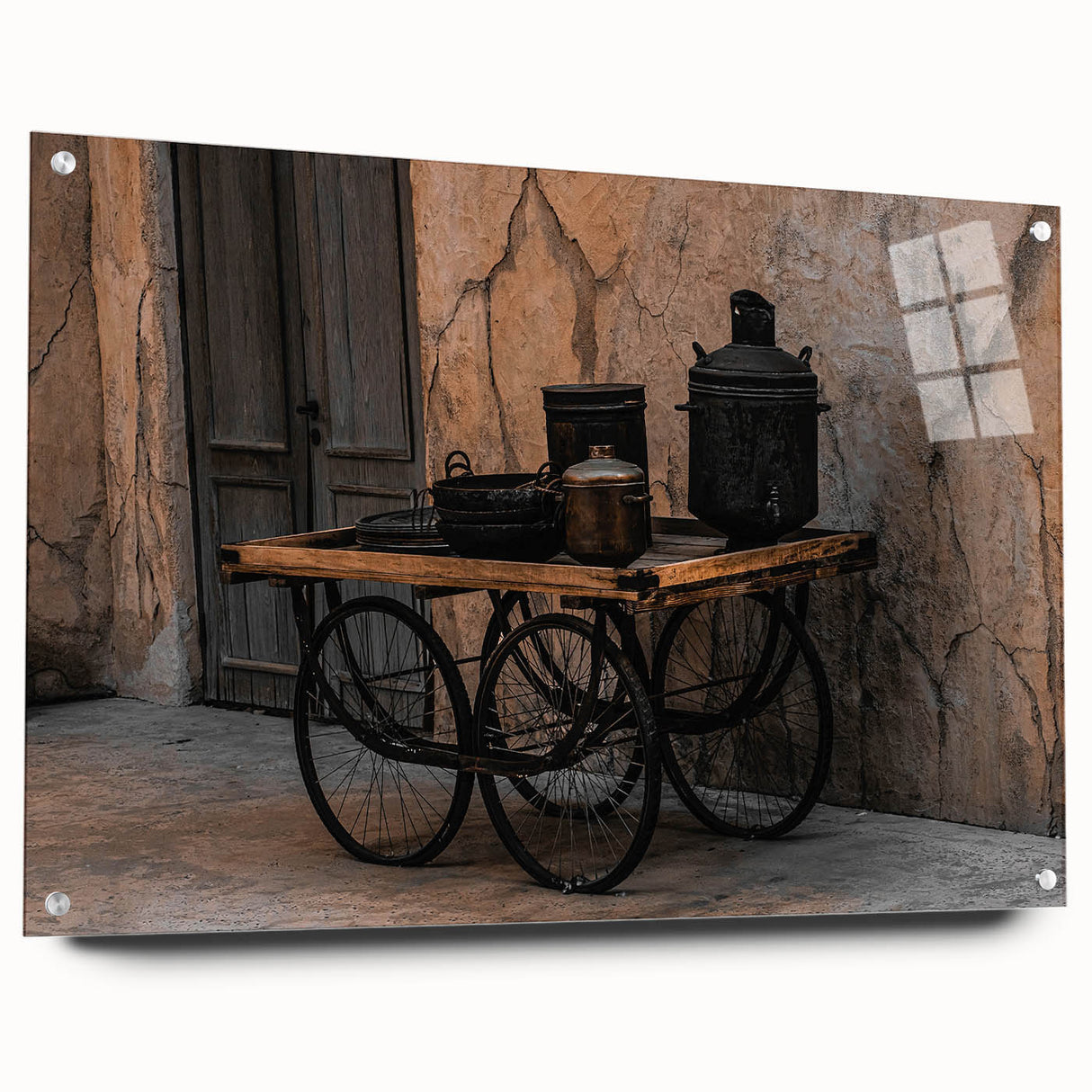 Vintage Cookware on Wooden Cart – Rustic Farmhouse Wall Art