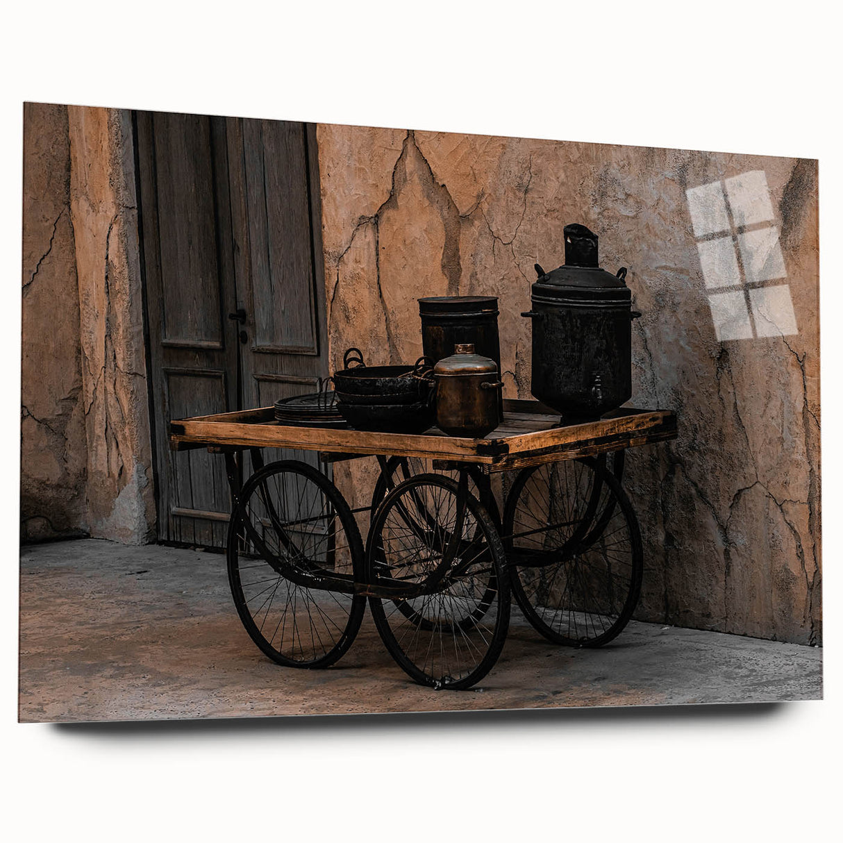 Vintage Cookware on Wooden Cart – Rustic Farmhouse Wall Art