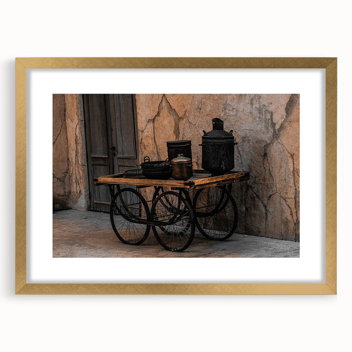 Vintage Cookware on Wooden Cart – Rustic Farmhouse Wall Art