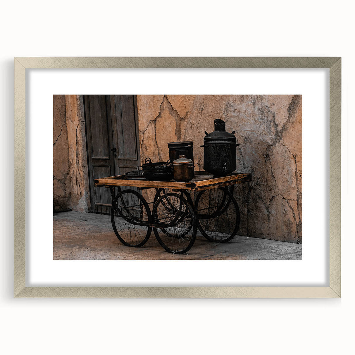 Vintage Cookware on Wooden Cart – Rustic Farmhouse Wall Art