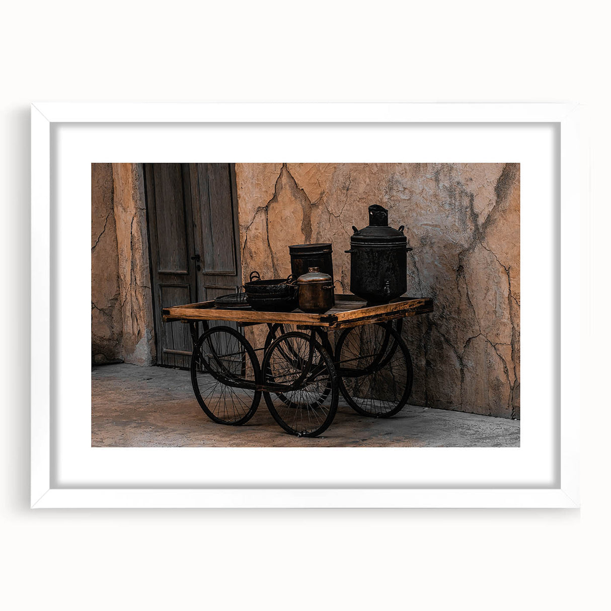 Vintage Cookware on Wooden Cart – Rustic Farmhouse Wall Art