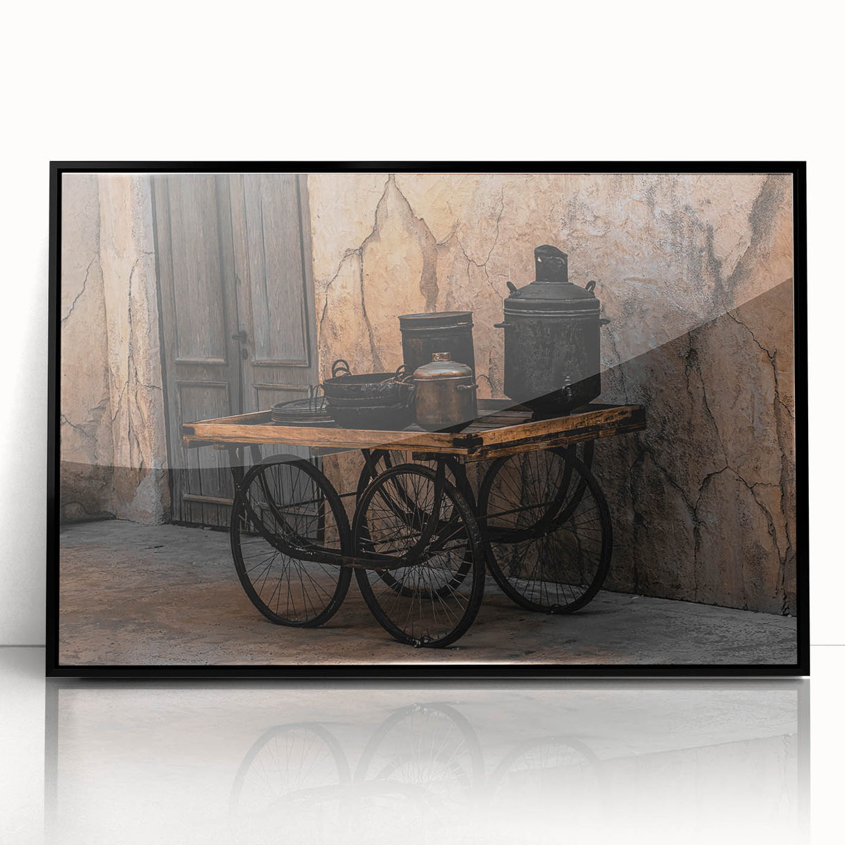 Vintage Cookware on Wooden Cart – Rustic Farmhouse Wall Art
