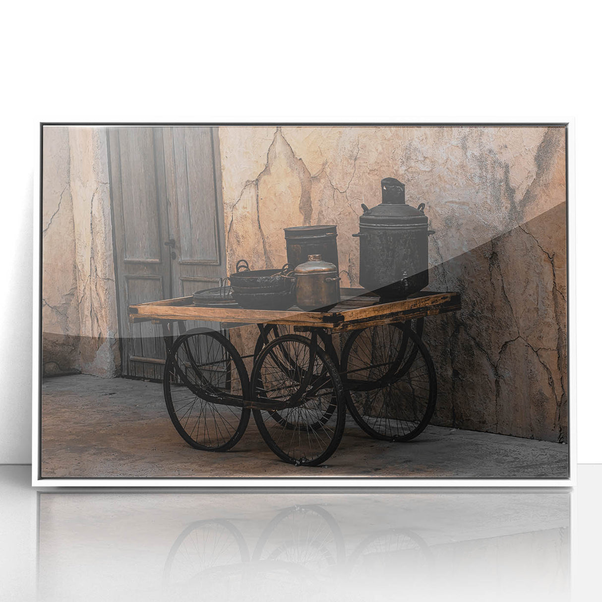 Vintage Cookware on Wooden Cart – Rustic Farmhouse Wall Art