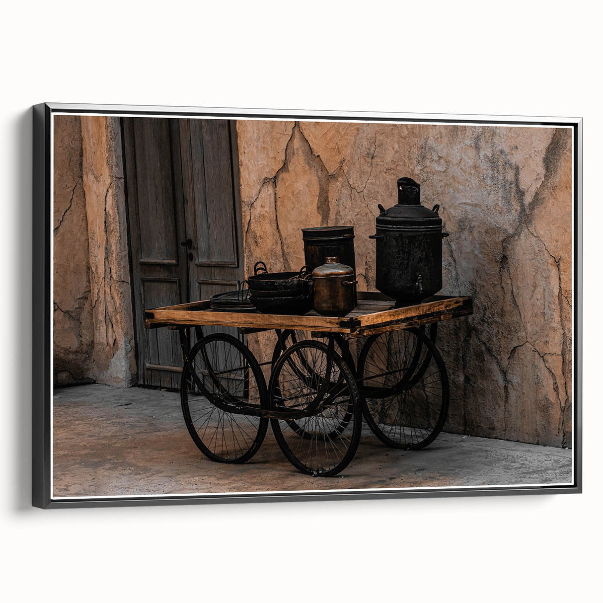 Vintage Cookware on Wooden Cart – Rustic Farmhouse Wall Art