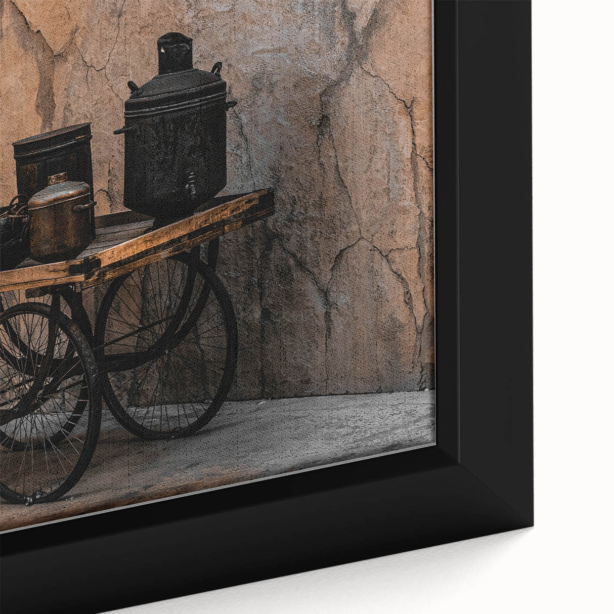 Vintage Cookware on Wooden Cart – Rustic Farmhouse Wall Art