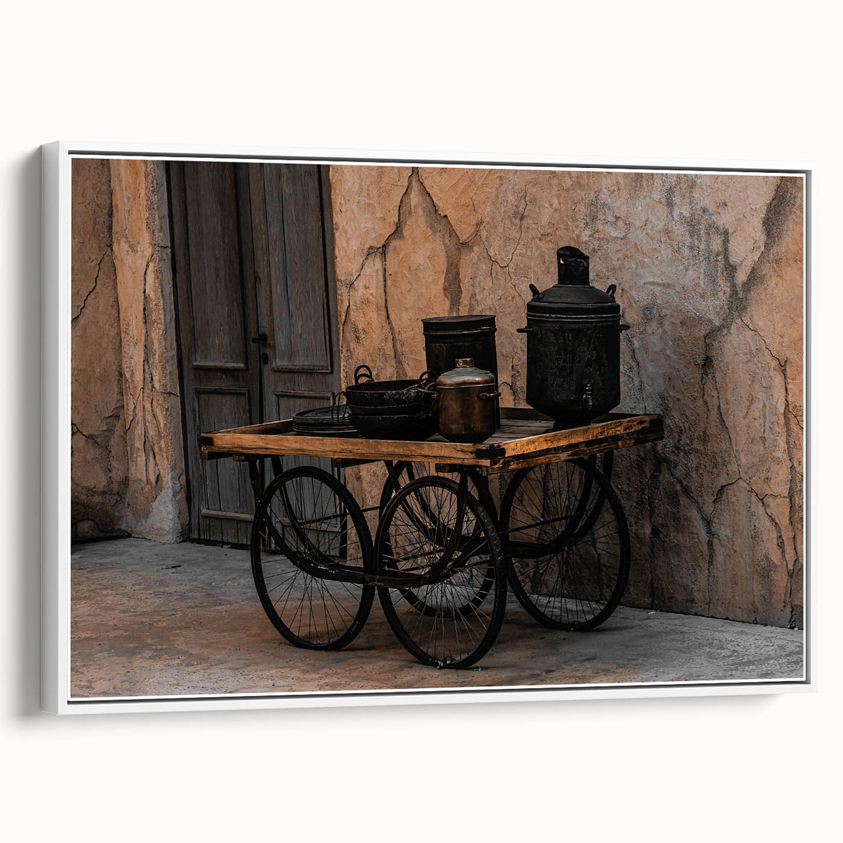 Vintage Cookware on Wooden Cart – Rustic Farmhouse Wall Art