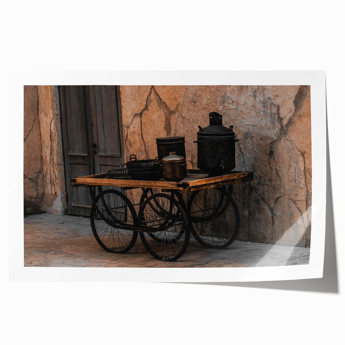 Vintage Cookware on Wooden Cart – Rustic Farmhouse Wall Art