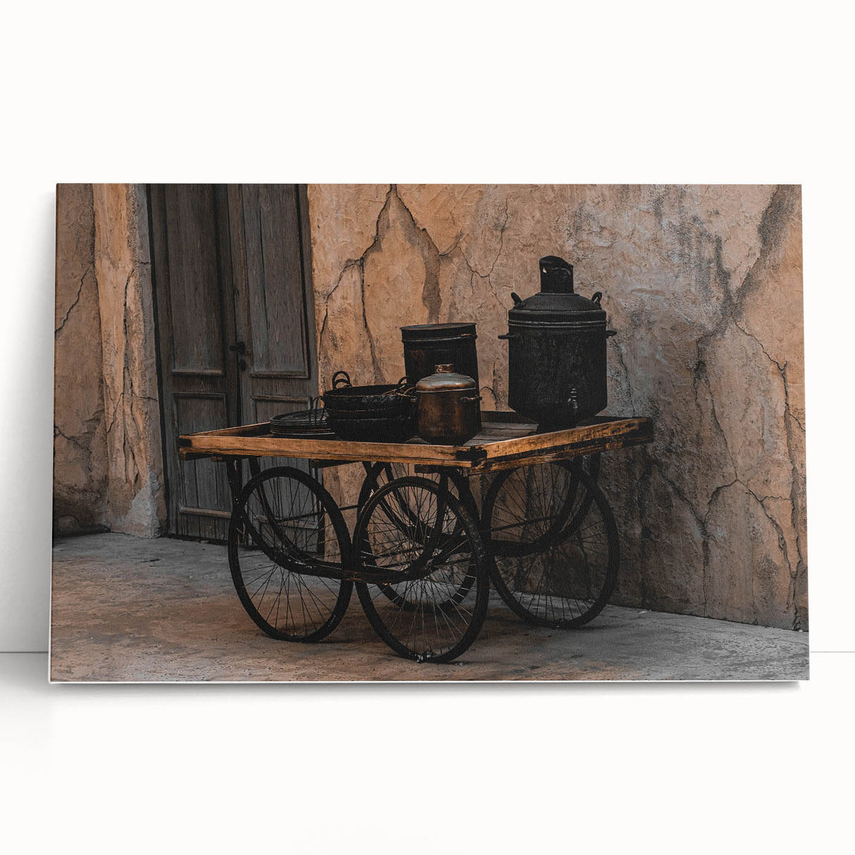 Vintage Cookware on Wooden Cart – Rustic Farmhouse Wall Art