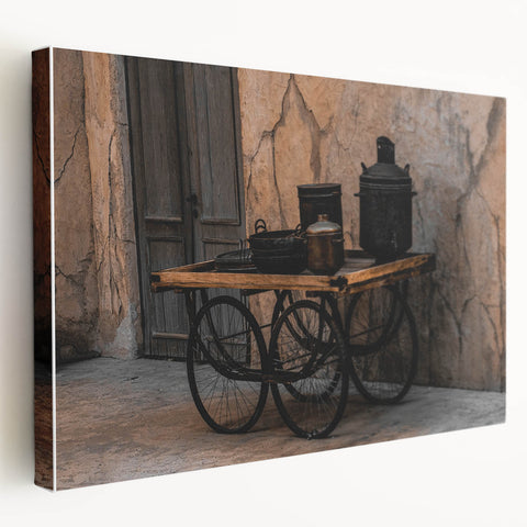 Vintage Cookware on Wooden Cart – Rustic Farmhouse Wall Art