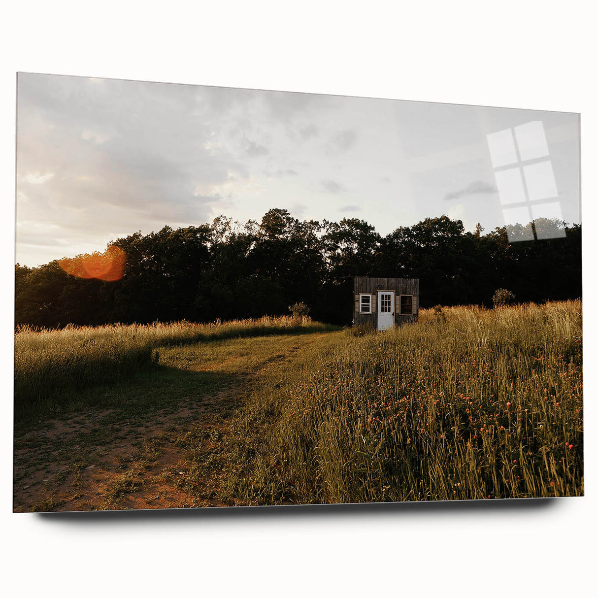 Rustic Landscape Wall Art – Peaceful Farmhouse Cabin in Golden Field