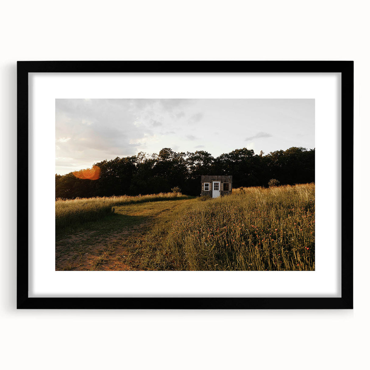 Rustic Landscape Wall Art – Peaceful Farmhouse Cabin in Golden Field