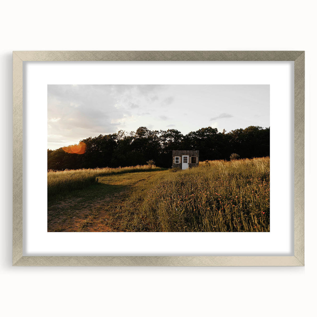 Rustic Landscape Wall Art – Peaceful Farmhouse Cabin in Golden Field