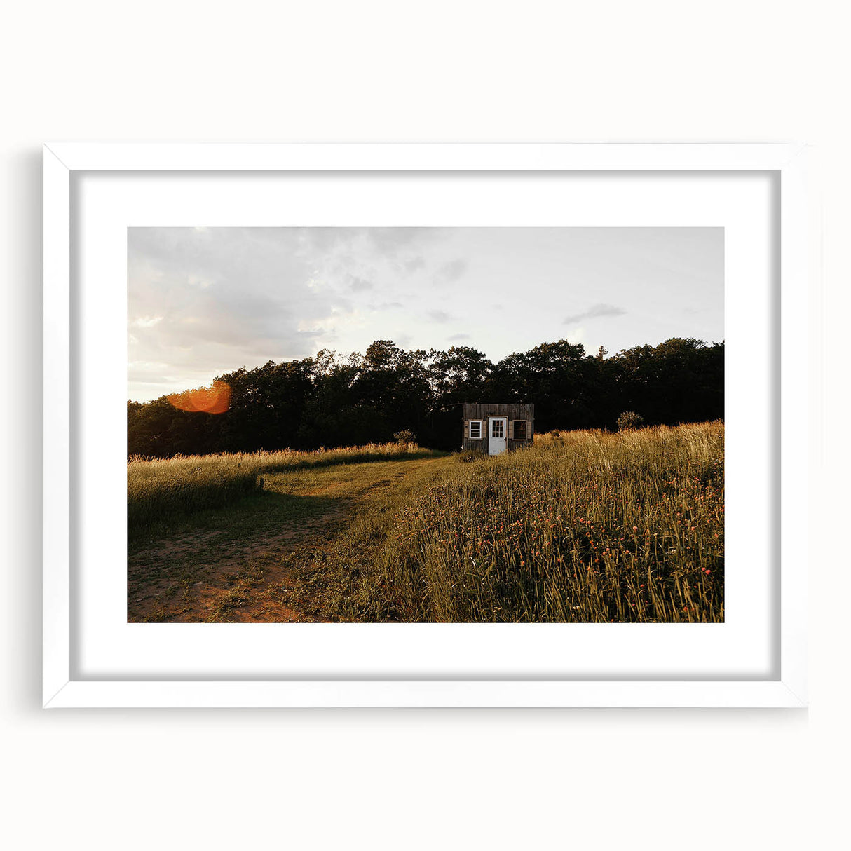 Rustic Landscape Wall Art – Peaceful Farmhouse Cabin in Golden Field